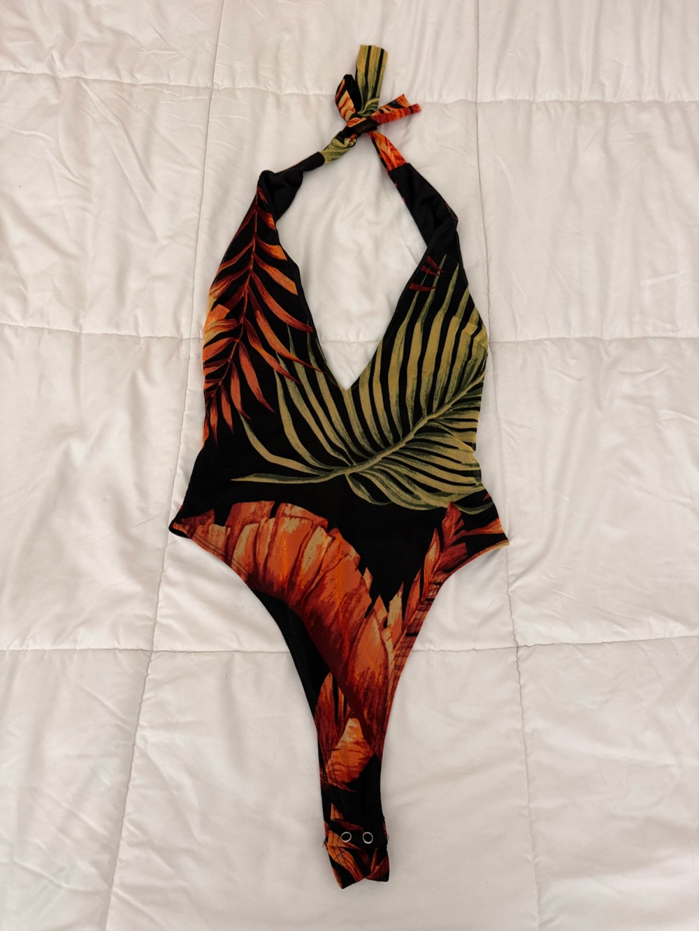 Windsor Black Halter Tropical Leaf Print Bodysuit with Orange & Olive Green